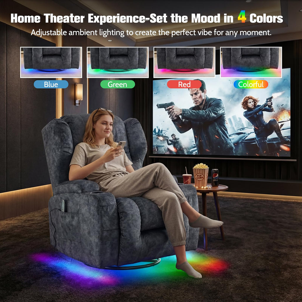 Velvet Gray Swivel Rocker Recliner with Massage and Heat Z2865