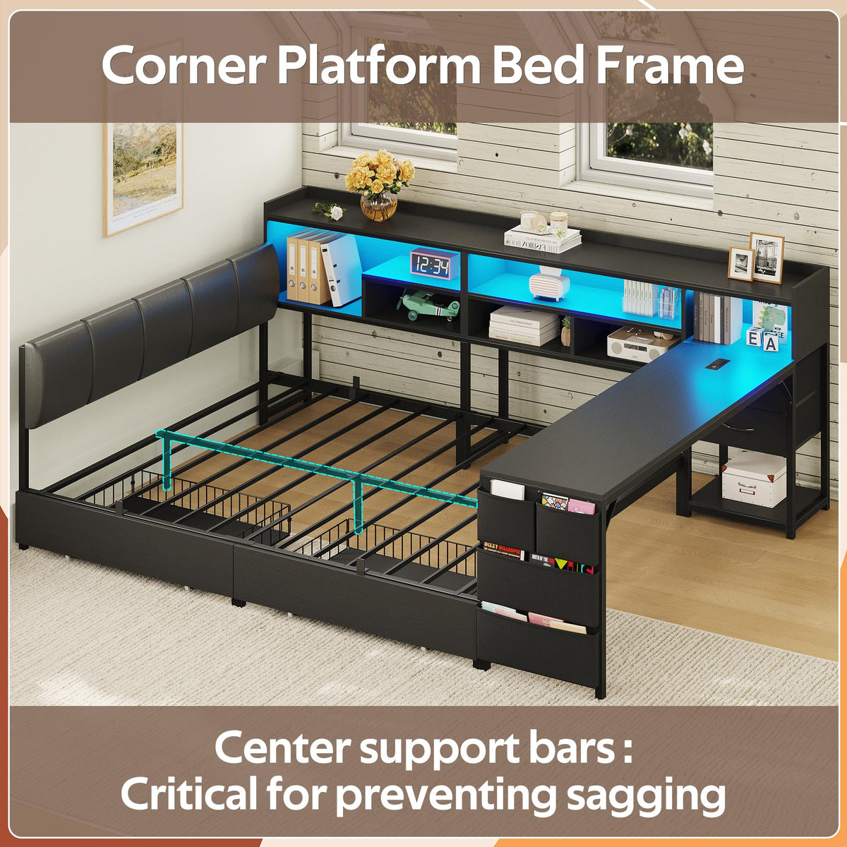 Black Corner Bed Frame Full with Storage and Desk A64169