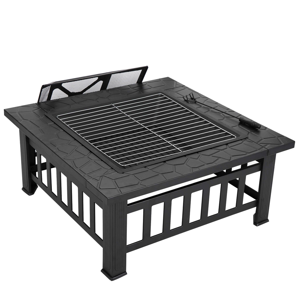 32 Inch Square Metal Outdoor Fire Pit with Spark Screen Lid and Waterproof Cover O55815