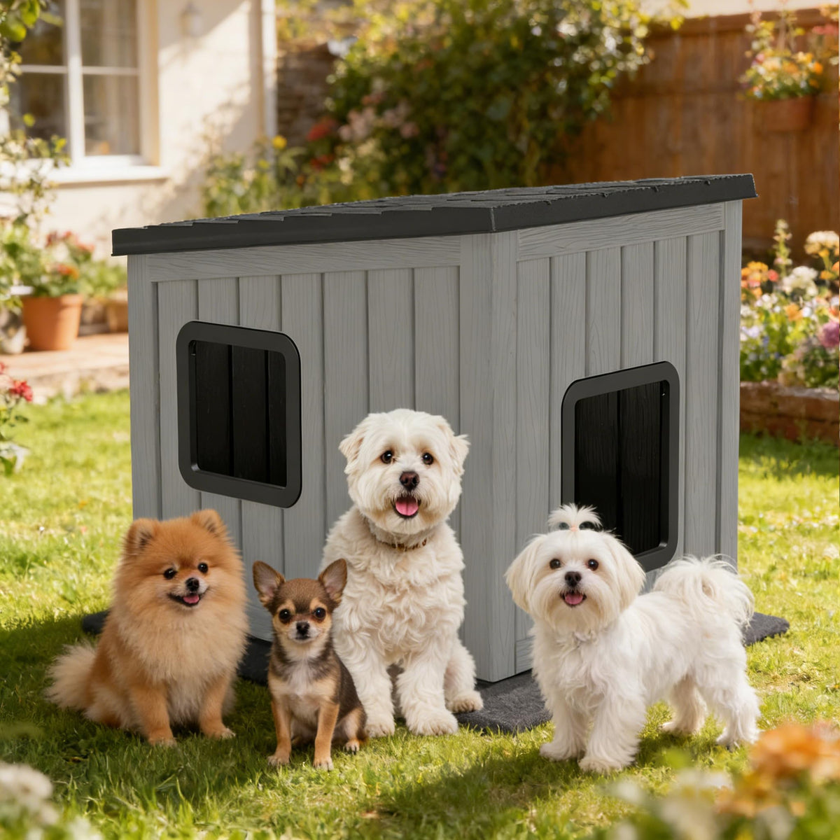 Weatherproof PP Plastic Dog House with Sloped Roof I58122