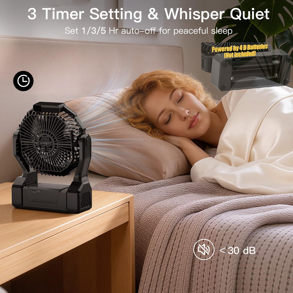 Battery Operated Portable Fan with 4 Speeds, 3 Timers & 2 Light Modes, Black P29894