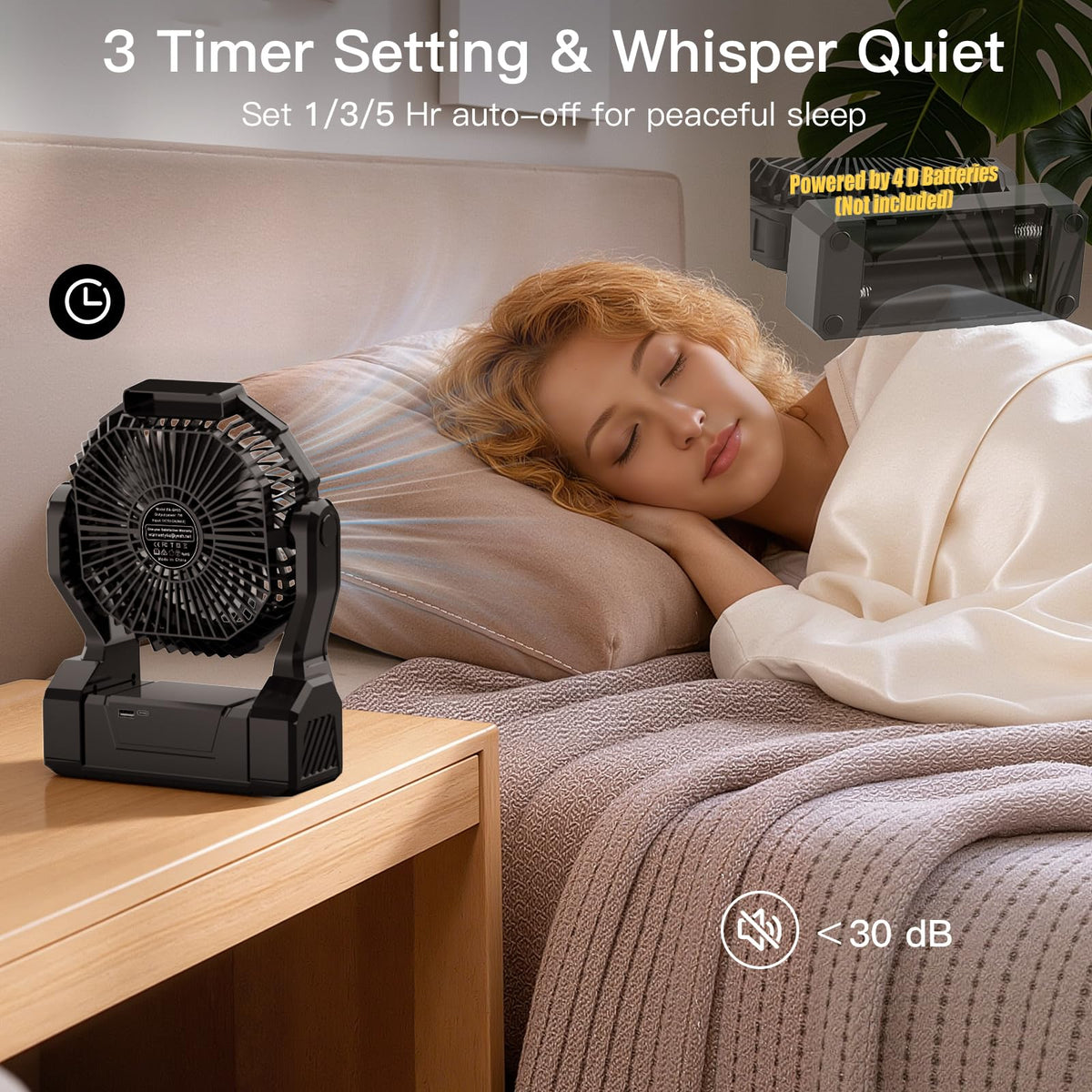 Battery Operated Portable Fan with 4 Speeds, 3 Timers & 2 Light Modes, Black P29894