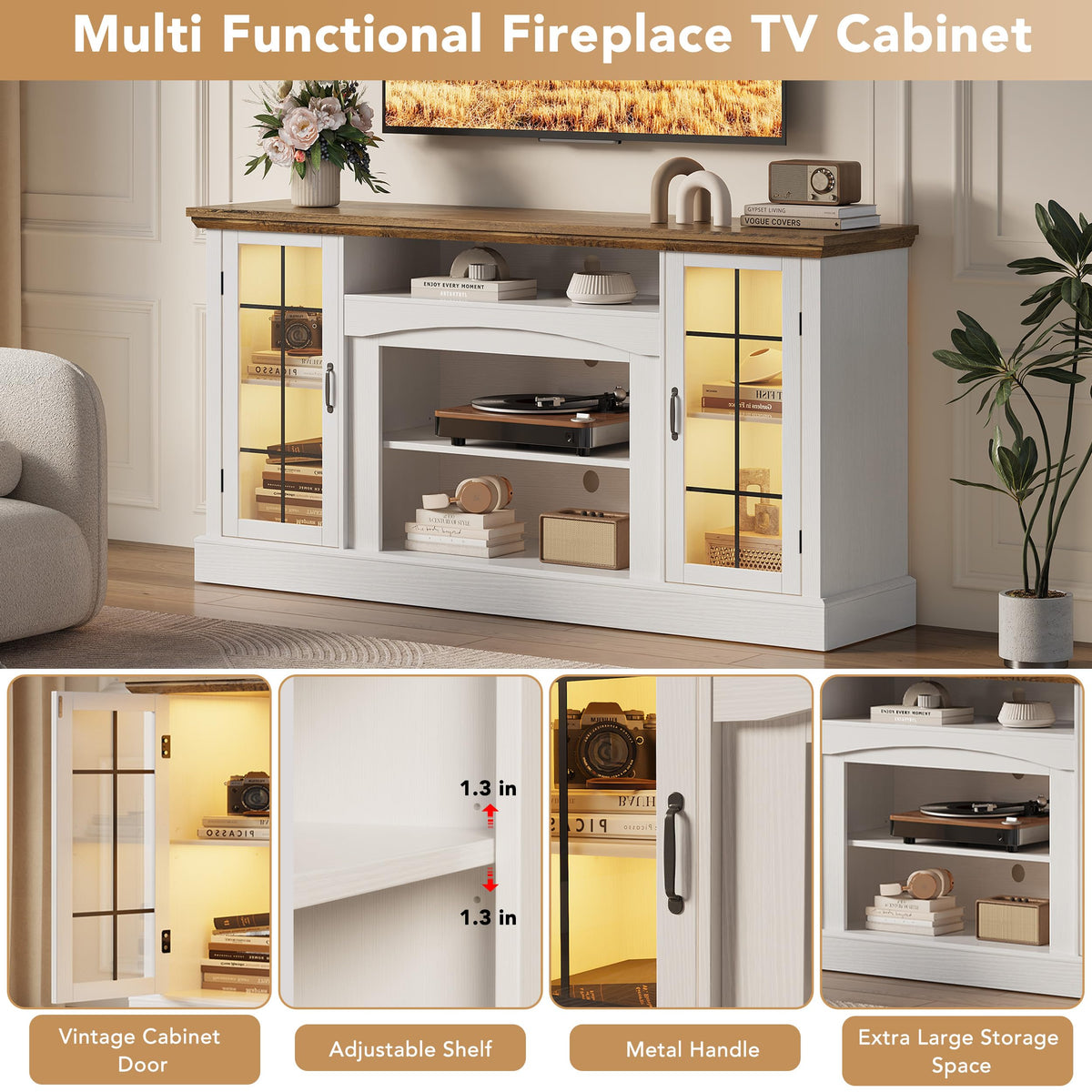 58" White TV Stand with Glass Door Storage Cabinet E303