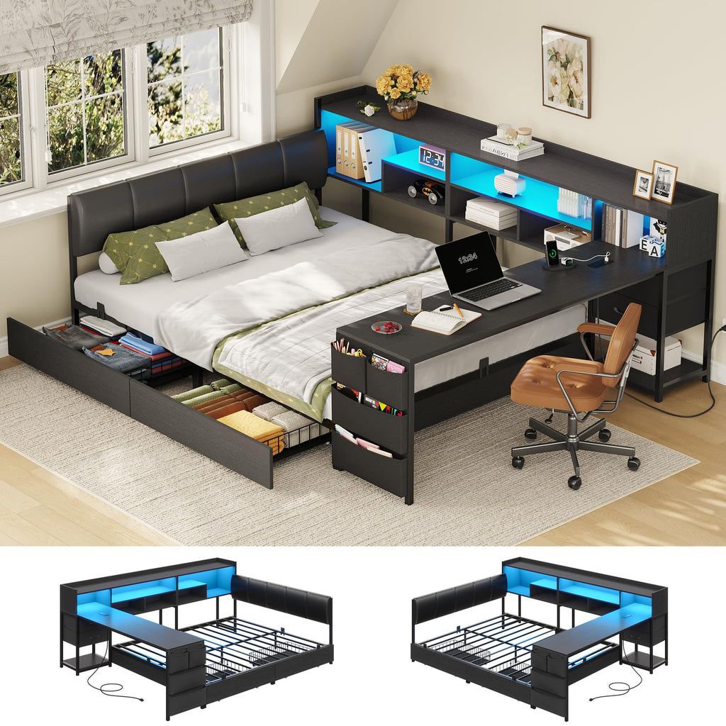 Black Corner Bed Frame Full with Storage and Desk A64169