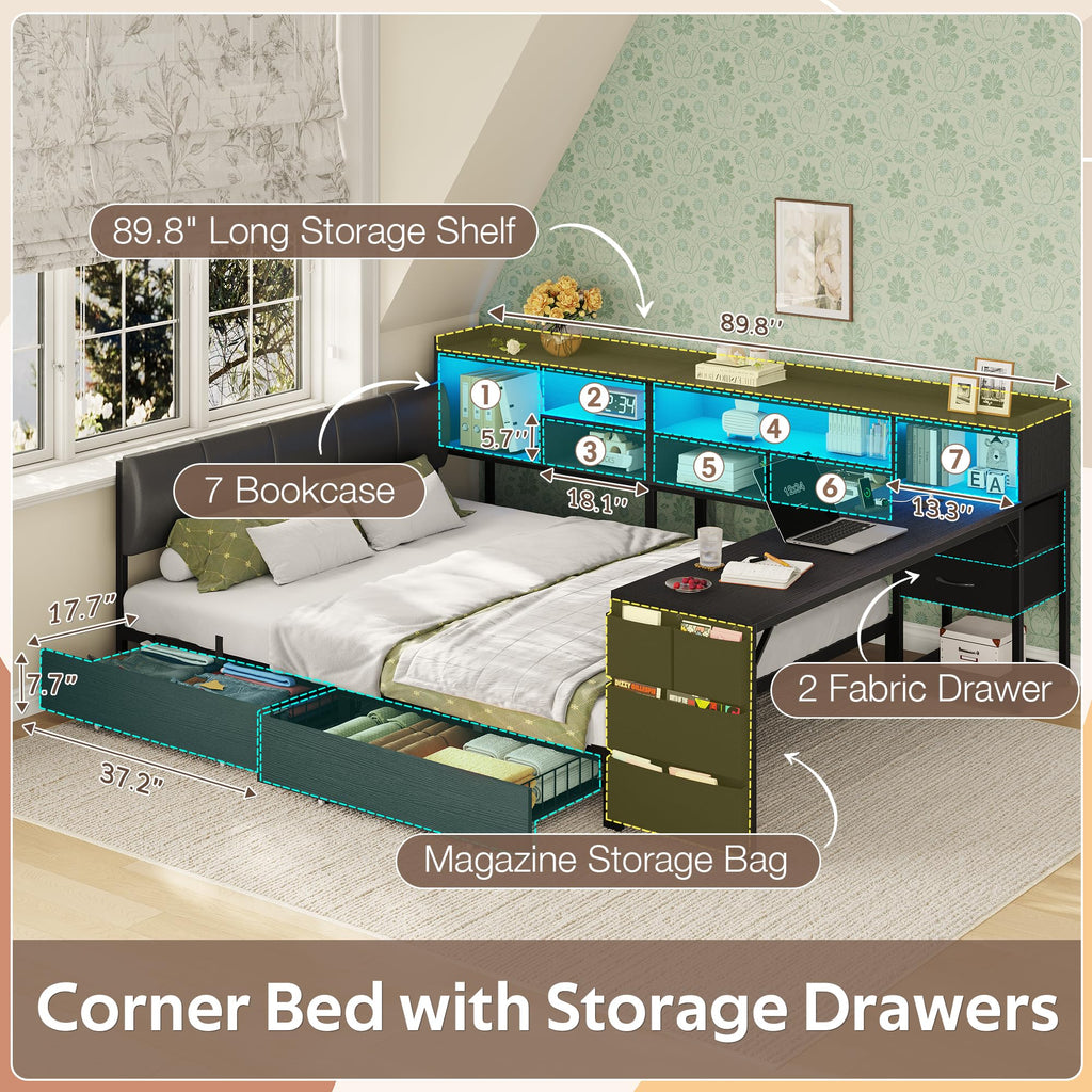 Black Corner Bed Frame Full with Storage and Desk A64169