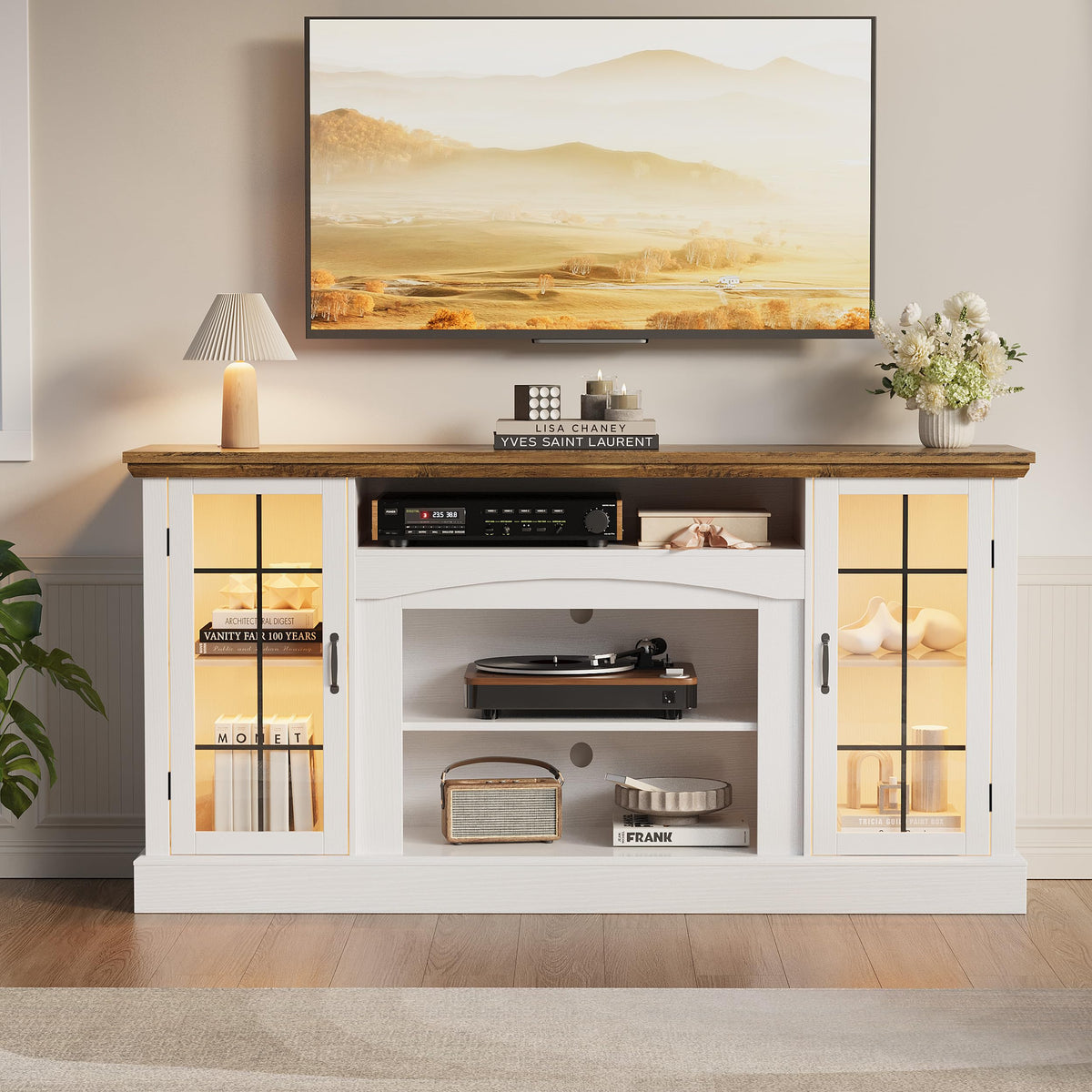 58" White TV Stand with Glass Door Storage Cabinet E303