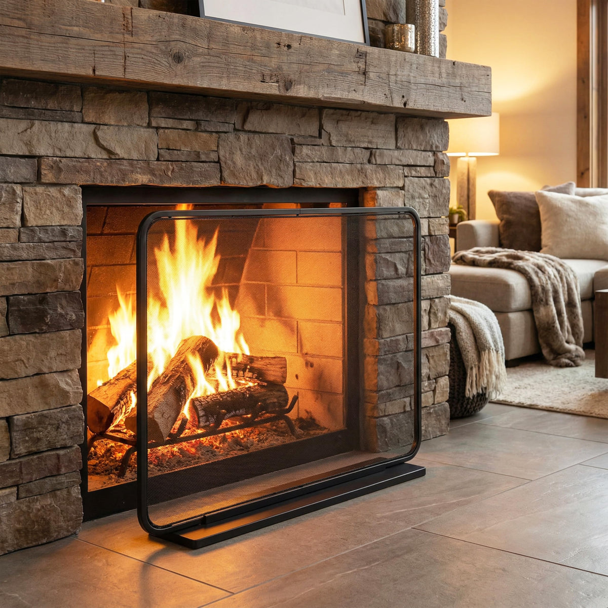 Black Iron Fireplace Screen with Decorative Mesh L382741