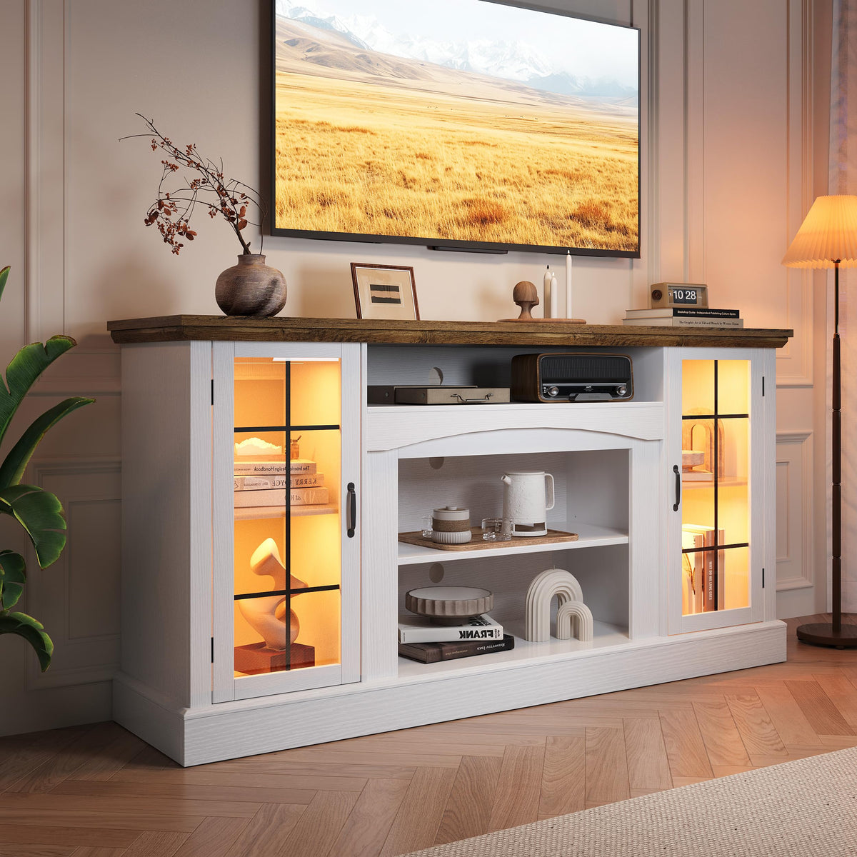 58" White TV Stand with Glass Door Storage Cabinet E303