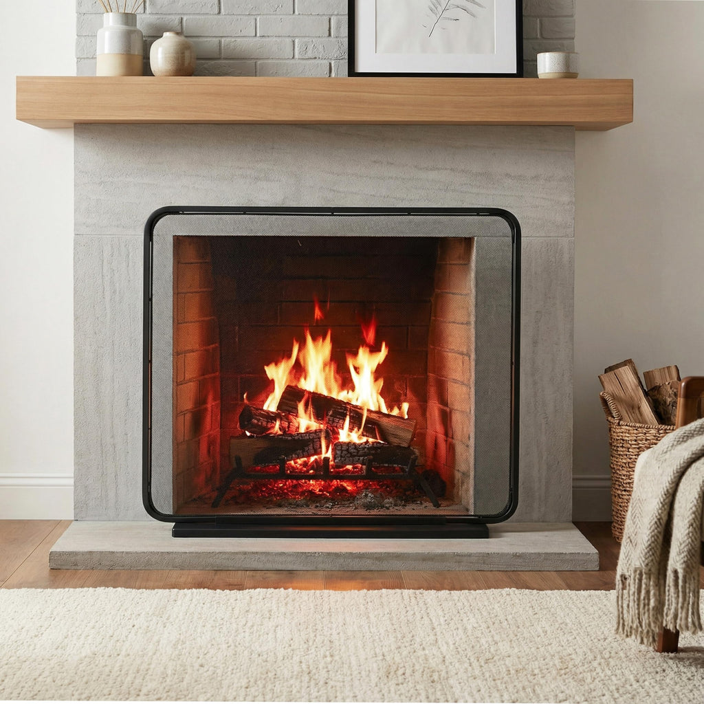 Black Iron Fireplace Screen with Decorative Mesh L382741