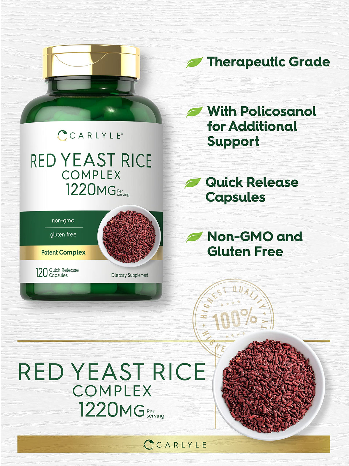 Red Yeast Rice 1220mg 120 Capsules with Policosanol U6023