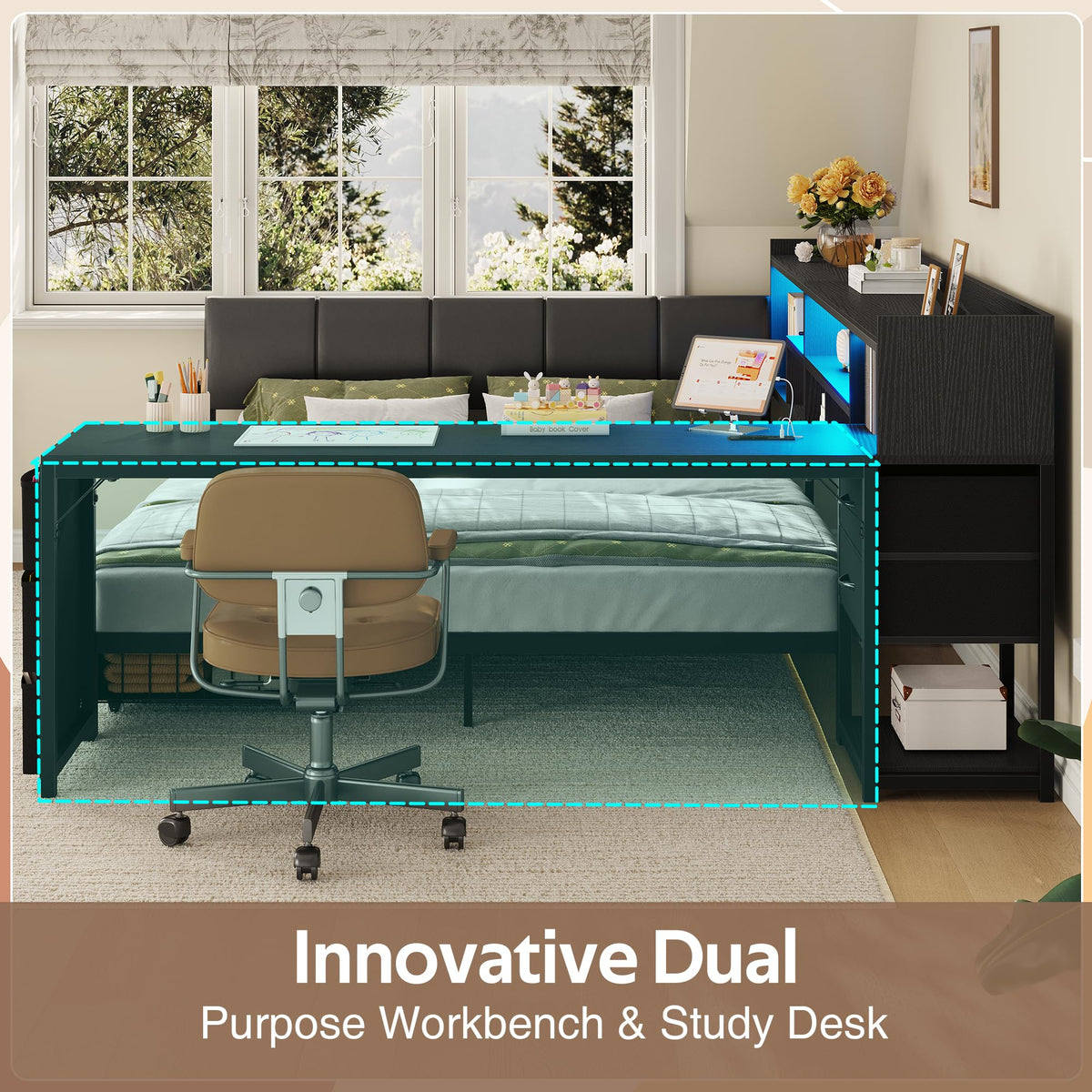 Black Corner Bed Frame Full with Storage and Desk A64169