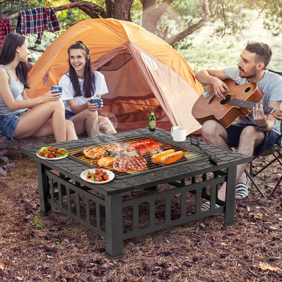 32 Inch Square Metal Outdoor Fire Pit with Spark Screen Lid and Waterproof Cover O55815